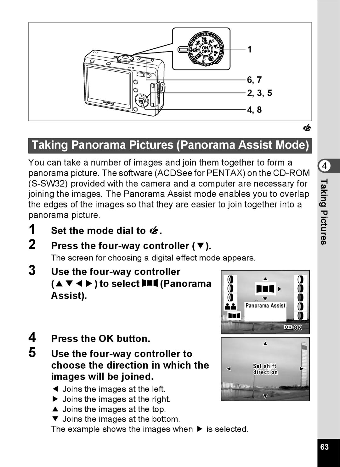 Pentax S45 specifications Use the four-way controller 2345 to select FPanorama Assist, Images will be joined, 2, 3 