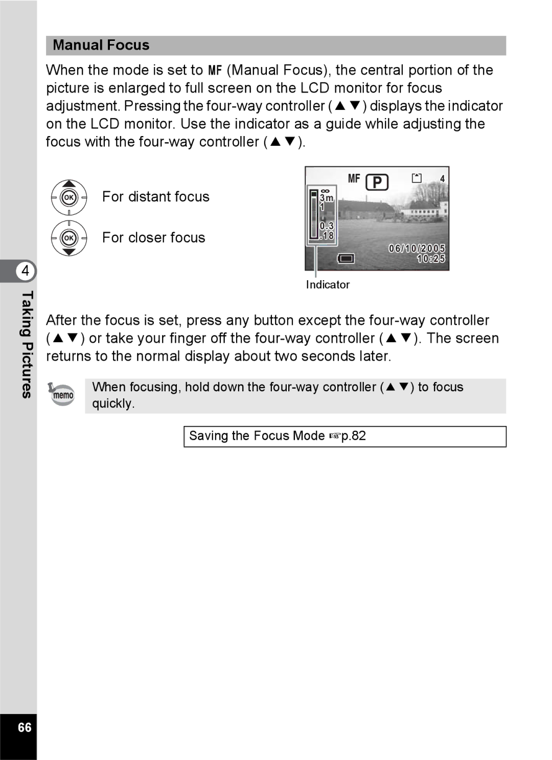 Pentax S45 specifications Manual Focus, Taking Pictures 