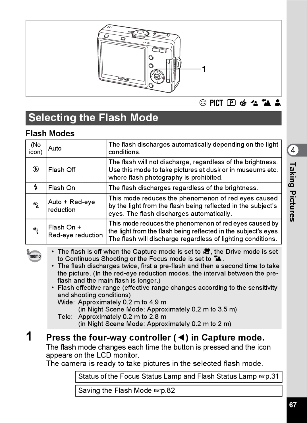 Pentax S45 specifications Selecting the Flash Mode, Press the four-way controller 4 in Capture mode, Flash Modes 