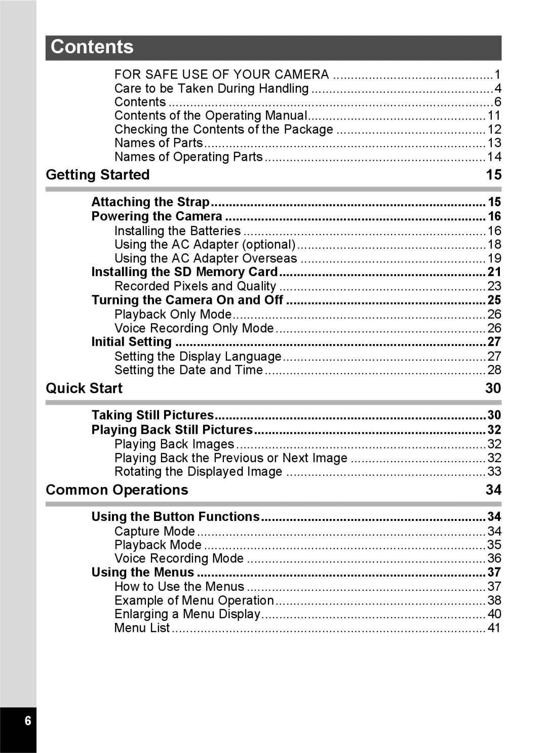 Pentax S45 specifications Contents 