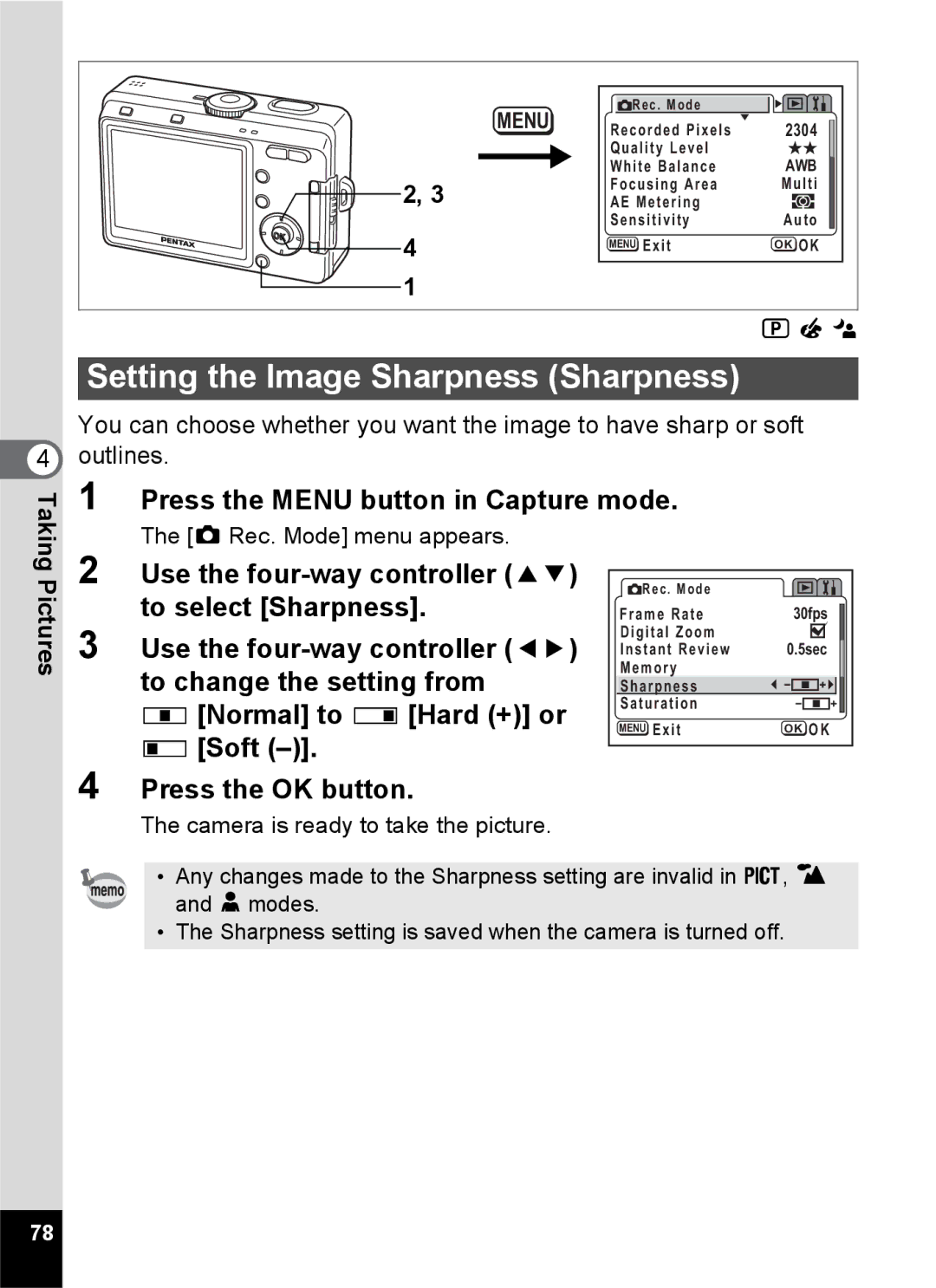 Pentax S45 specifications Setting the Image Sharpness Sharpness, Pictures 