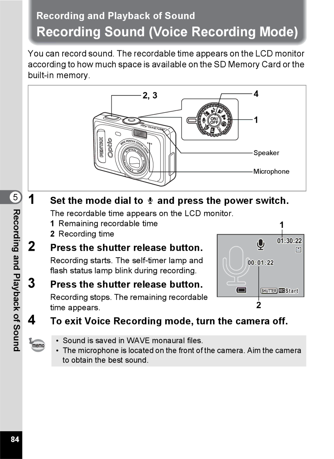 Pentax S45 specifications Recording Sound Voice Recording Mode, To exit Voice Recording mode, turn the camera off 