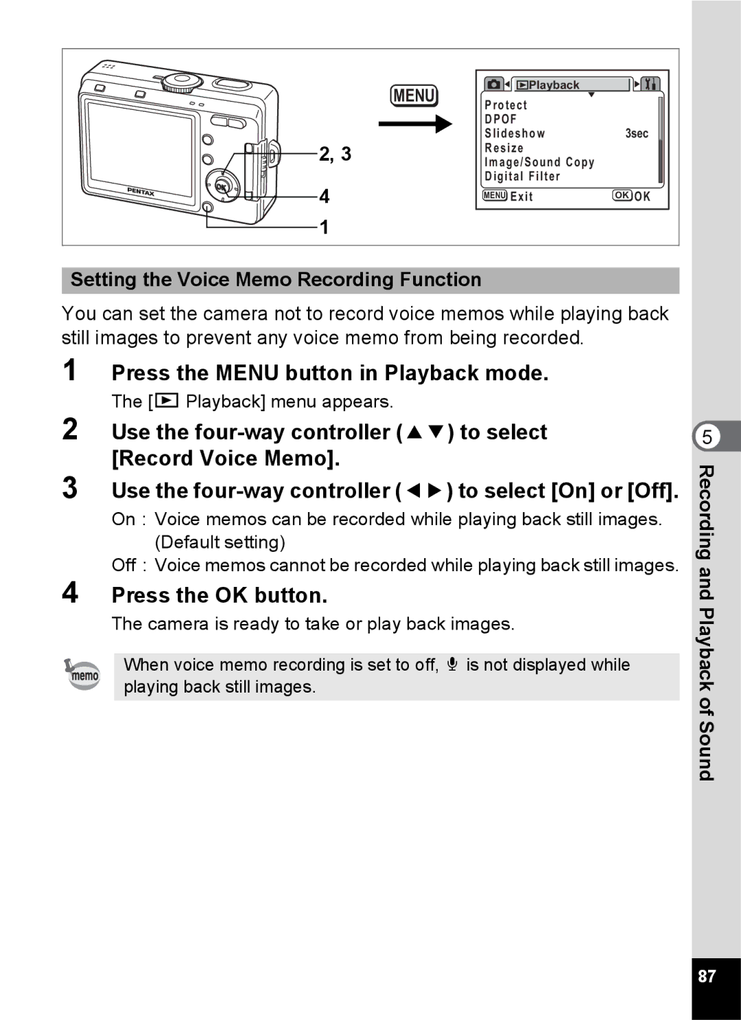 Pentax S45 specifications Setting the Voice Memo Recording Function 