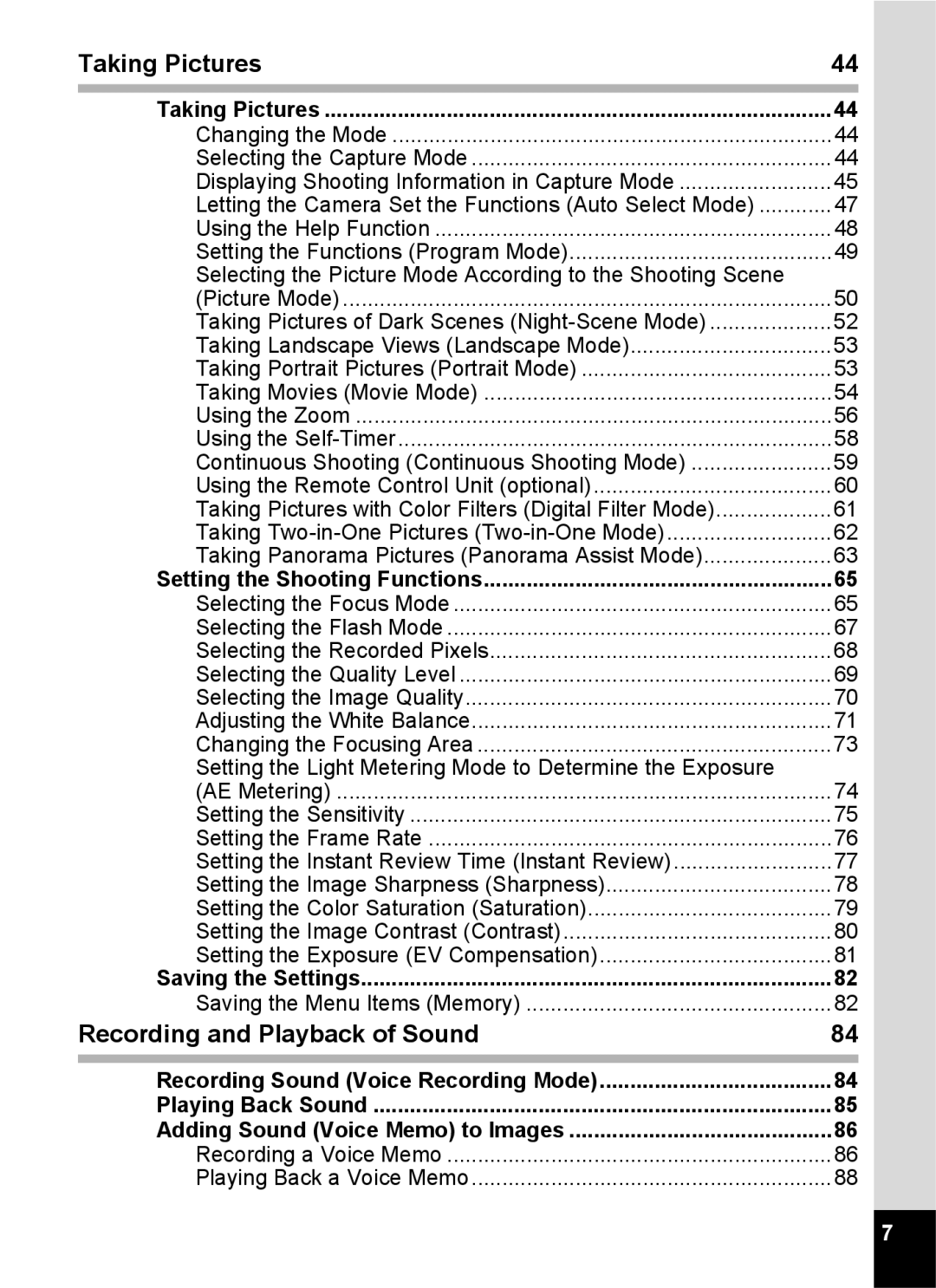 Pentax S45 specifications Taking Pictures, Recording and Playback of Sound 