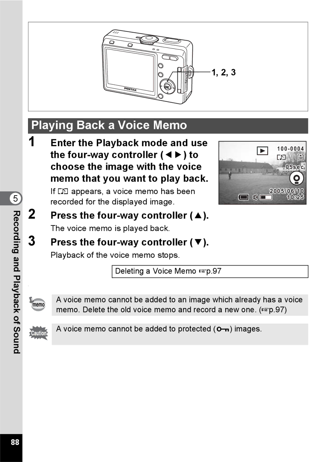 Pentax S45 specifications Playing Back a Voice Memo, Press the four-way controller 