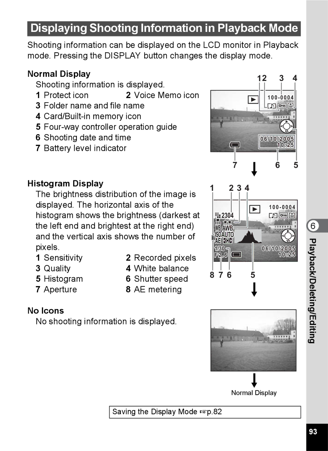 Pentax S45 specifications Displaying Shooting Information in Playback Mode, Protect icon, Quality White balance, Histogram 