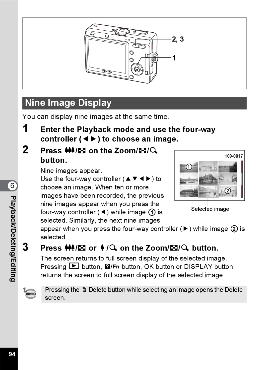 Pentax S45 specifications Nine Image Display, Press w/f or x/y on the Zoom/f/y button 