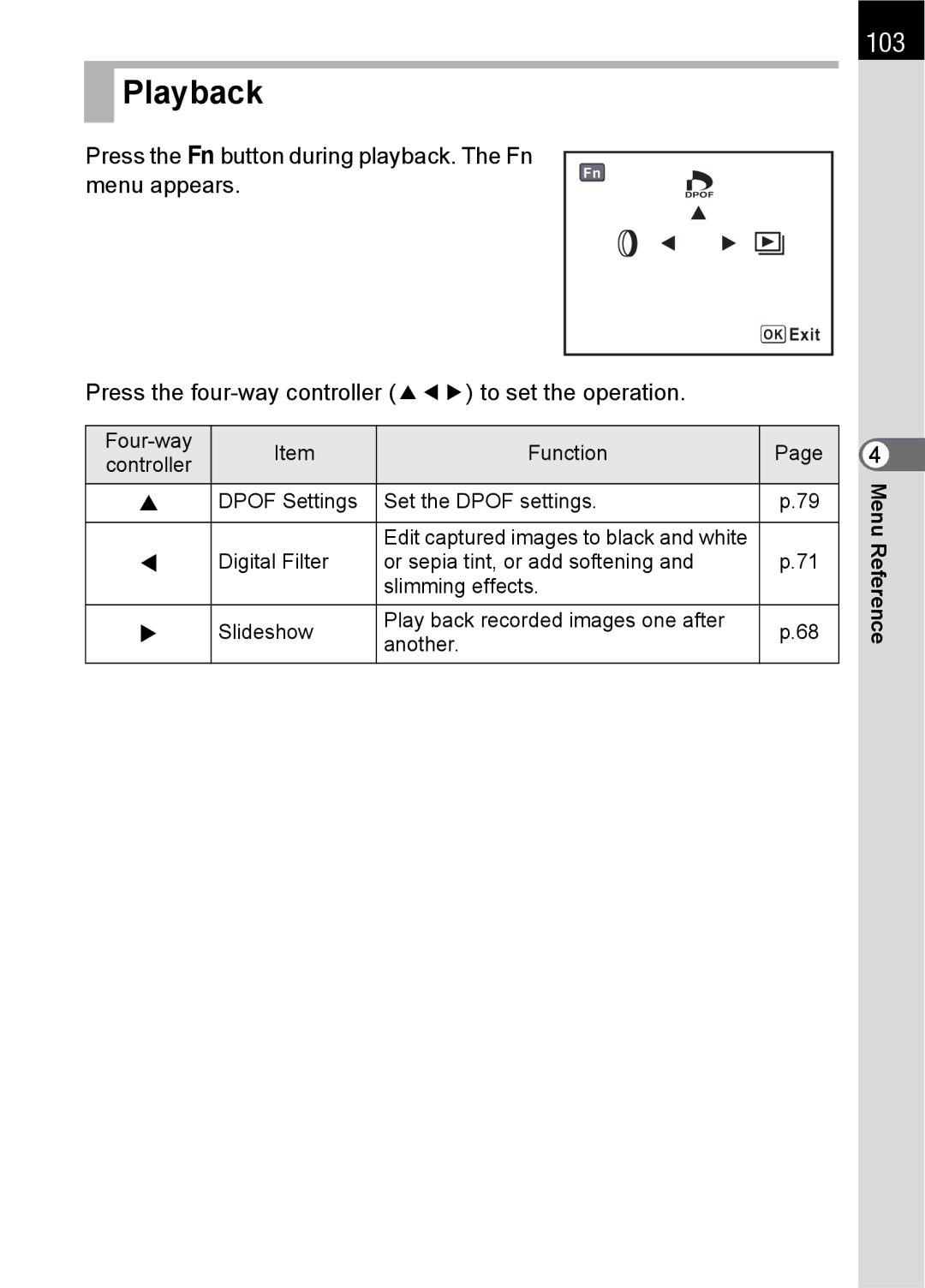 Pentax SLR specifications 103, Press the button during playback. The Fn menu appears 