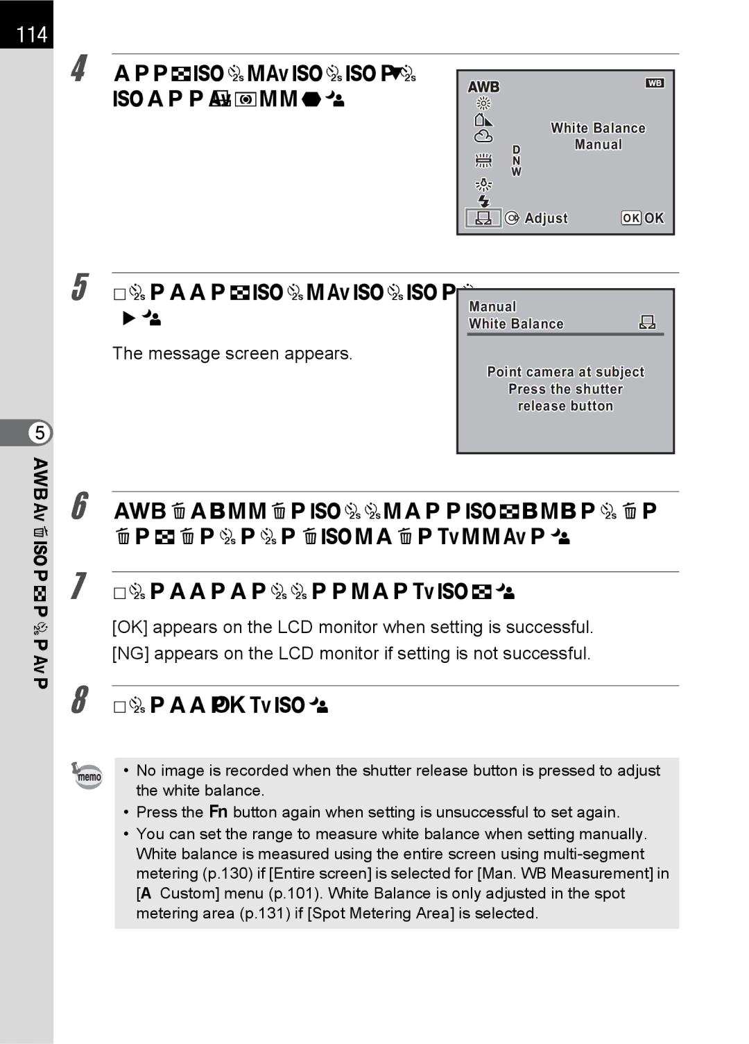 Pentax SLR specifications 114, Use the four-way controller To select K Manual, Message screen appears 