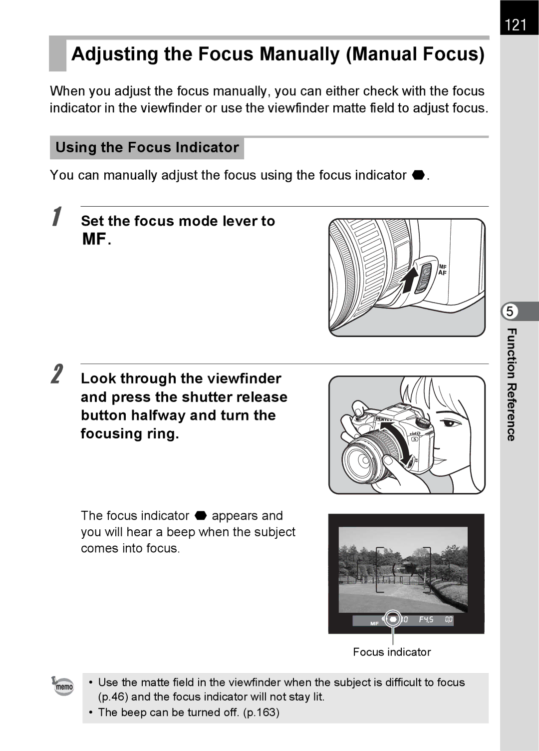 Pentax SLR specifications Adjusting the Focus Manually Manual Focus, 121, Using the Focus Indicator 