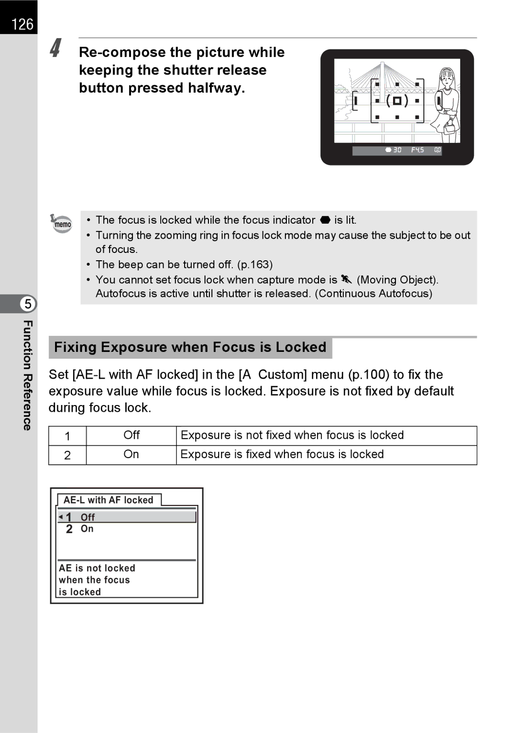 Pentax SLR specifications 126, Fixing Exposure when Focus is Locked 