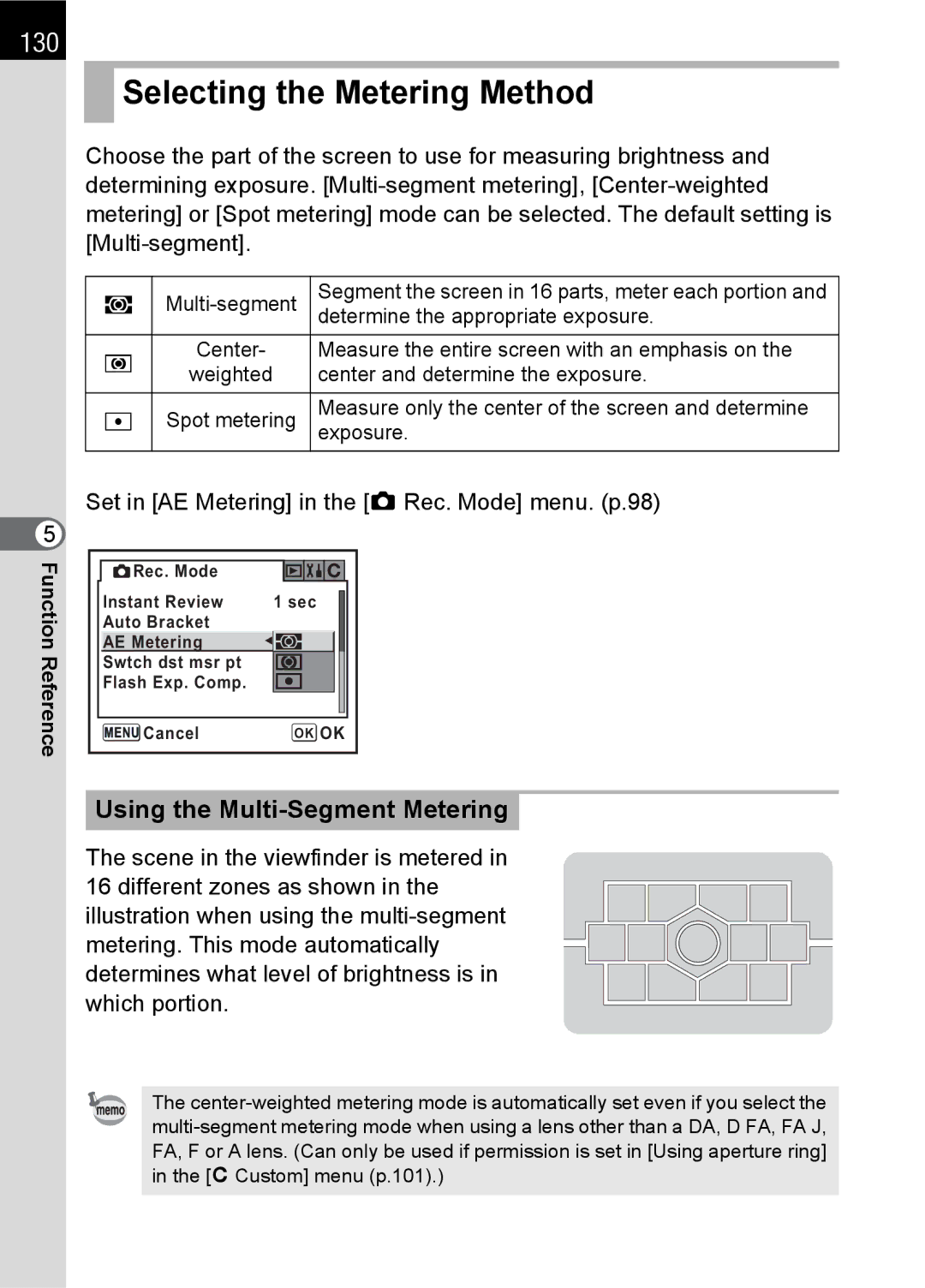 Pentax SLR specifications Selecting the Metering Method, 130, Using the Multi-Segment Metering 