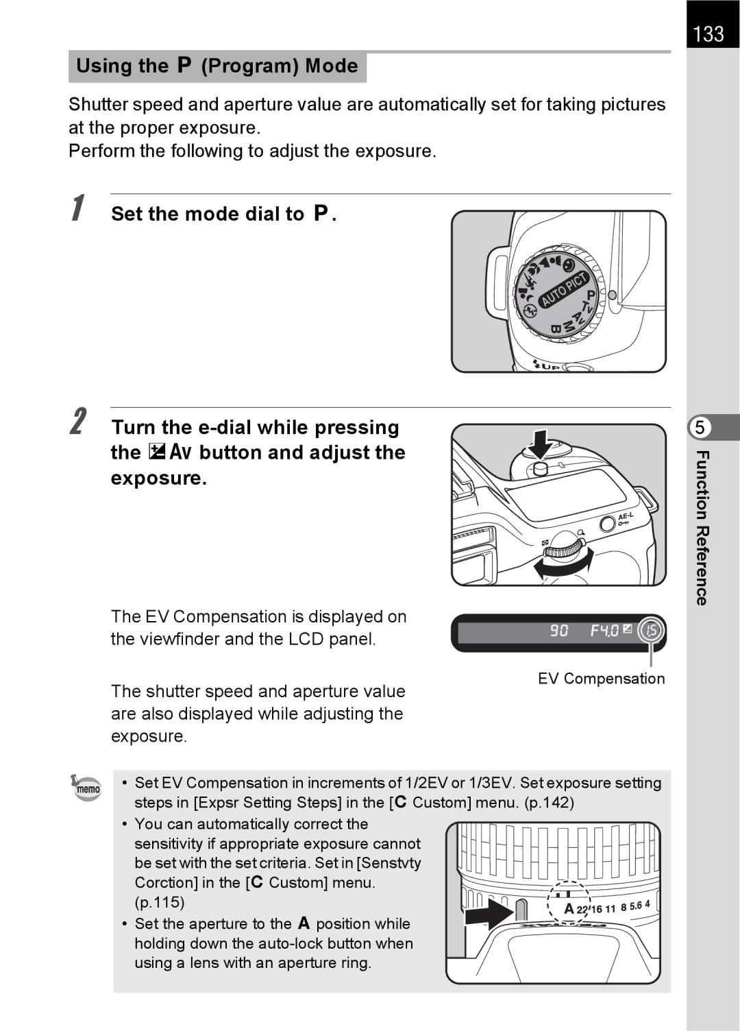 Pentax SLR specifications 133, Using the e Program Mode 