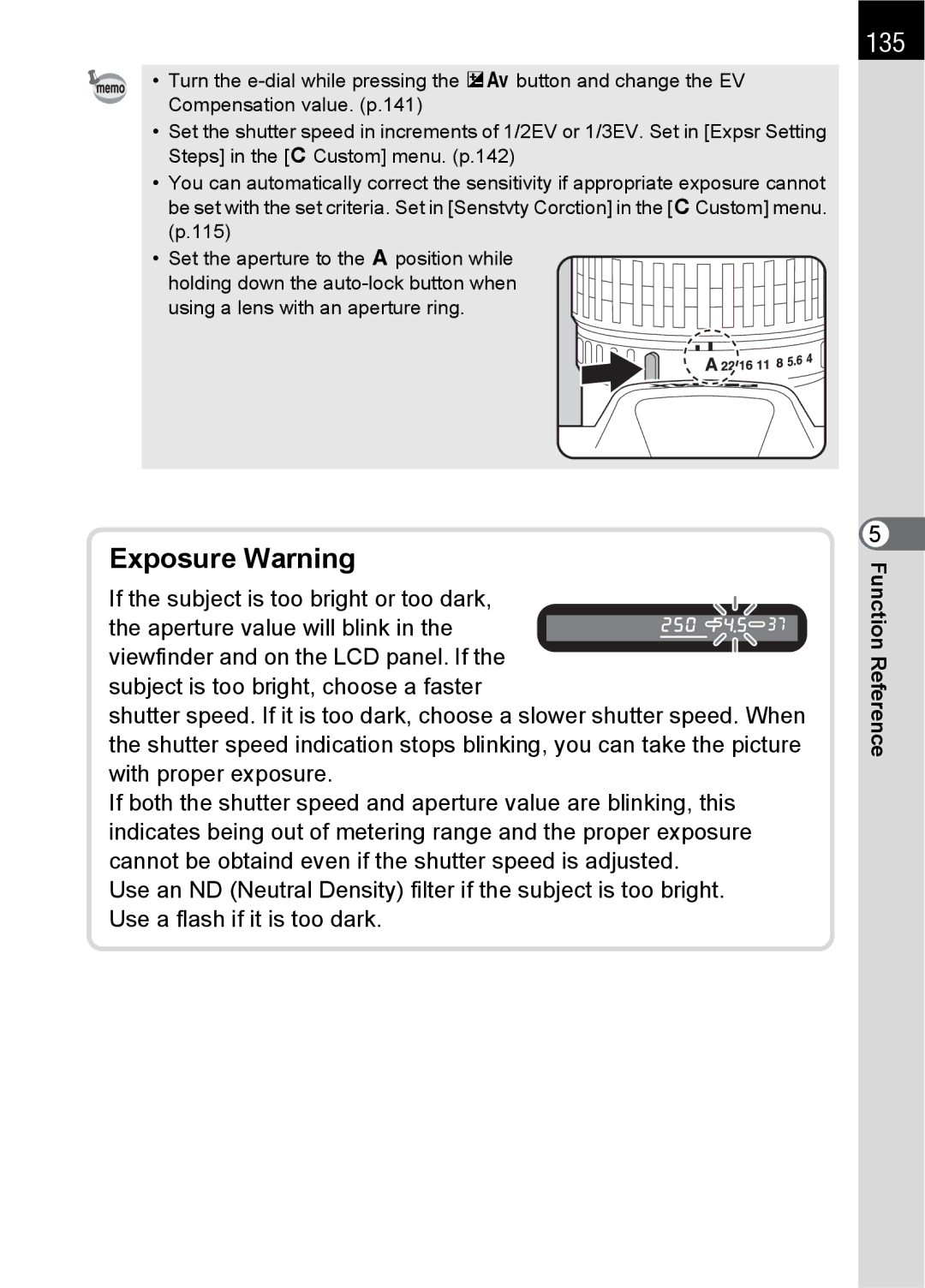 Pentax SLR specifications 135, Exposure Warning 