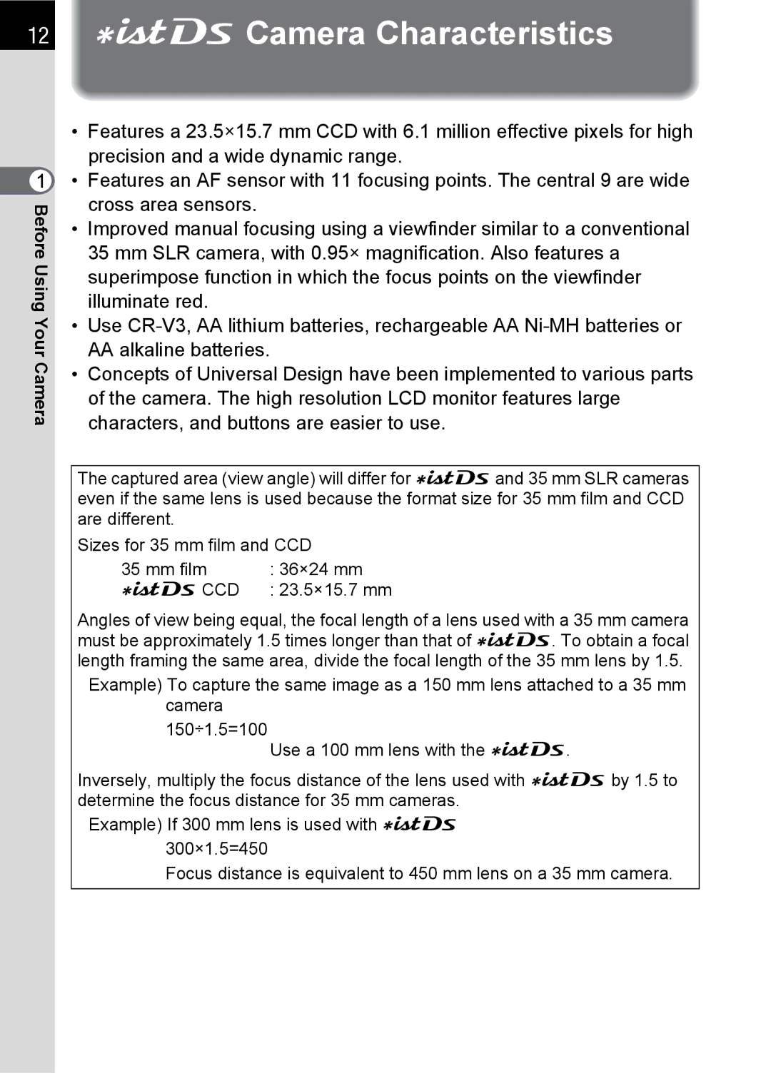 Pentax SLR specifications JCamera Characteristics, Jccd 