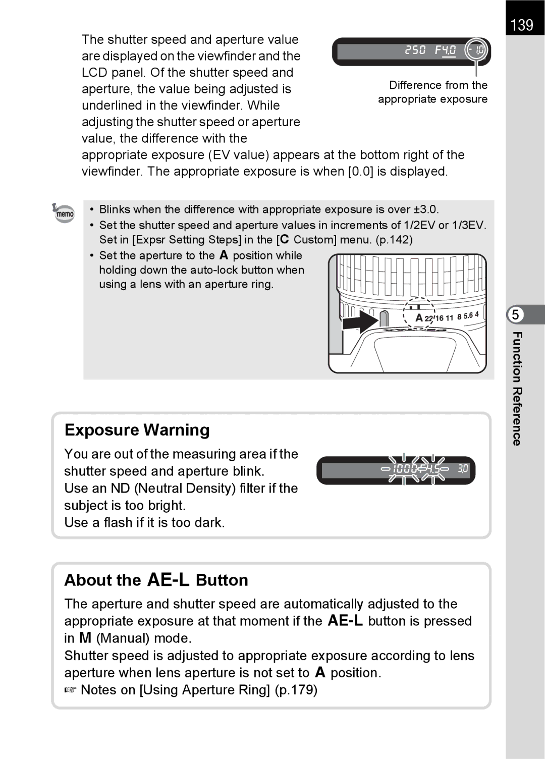 Pentax SLR specifications 139, Shutter speed and aperture value 