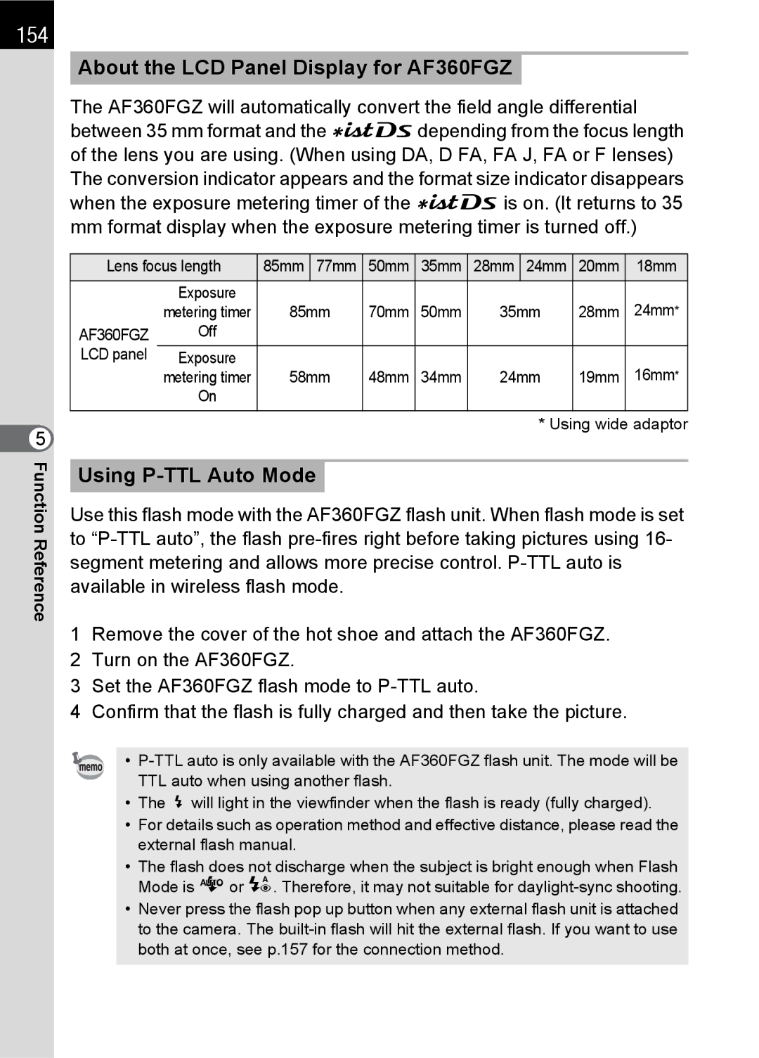 Pentax SLR specifications 154, About the LCD Panel Display for AF360FGZ, Using P-TTL Auto Mode 