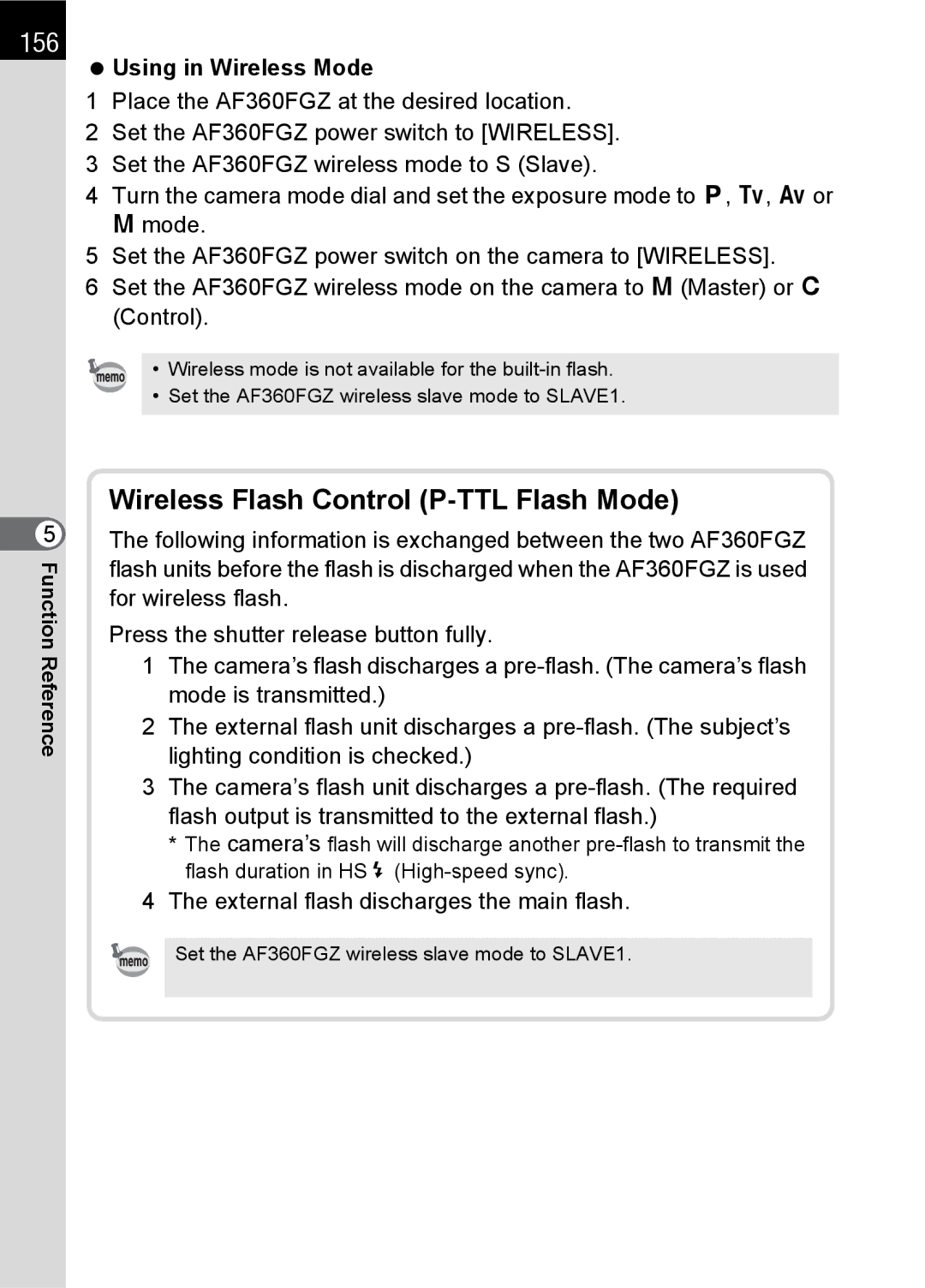 Pentax SLR specifications 156, Using in Wireless Mode, External flash discharges the main flash 