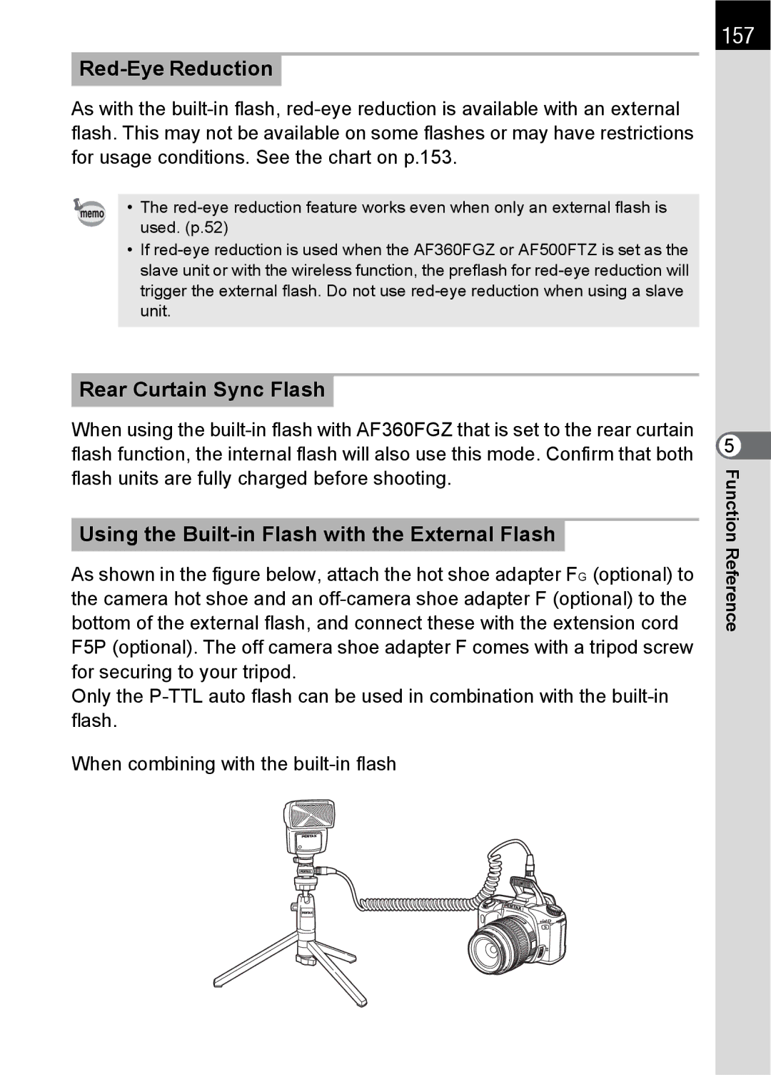 Pentax SLR specifications 157, Red-Eye Reduction, Rear Curtain Sync Flash, Using the Built-in Flash with the External Flash 