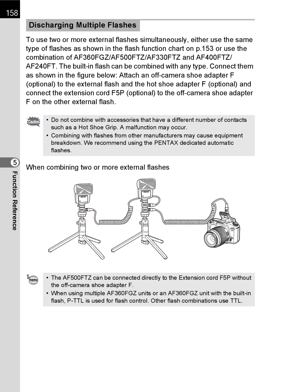 Pentax SLR specifications 158, Discharging Multiple Flashes, When combining two or more external flashes 