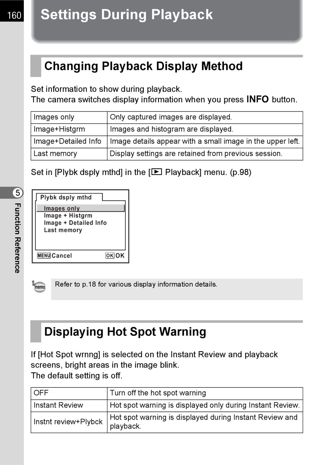 Pentax SLR specifications Settings During Playback, Changing Playback Display Method, Displaying Hot Spot Warning 