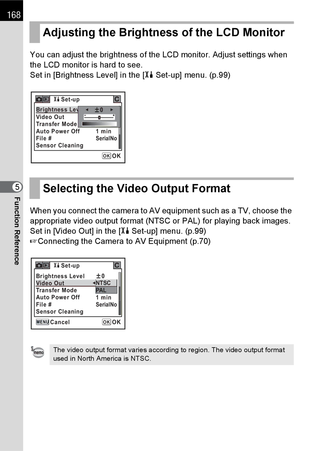 Pentax SLR specifications Adjusting the Brightness of the LCD Monitor, Selecting the Video Output Format, 168 