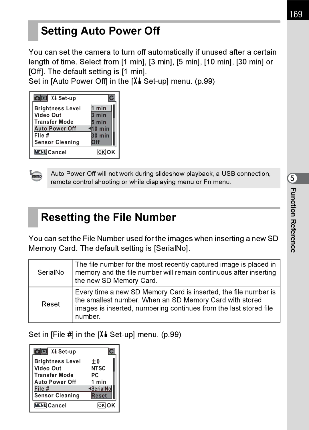 Pentax SLR specifications Setting Auto Power Off, Resetting the File Number, 169, Set in File # in the HSet-up menu. p.99 