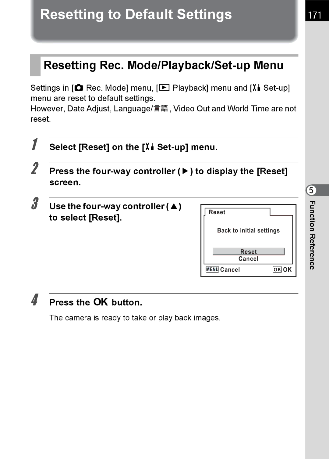 Pentax SLR specifications Resetting to Default Settings, Resetting Rec. Mode/Playback/Set-up Menu, 171 