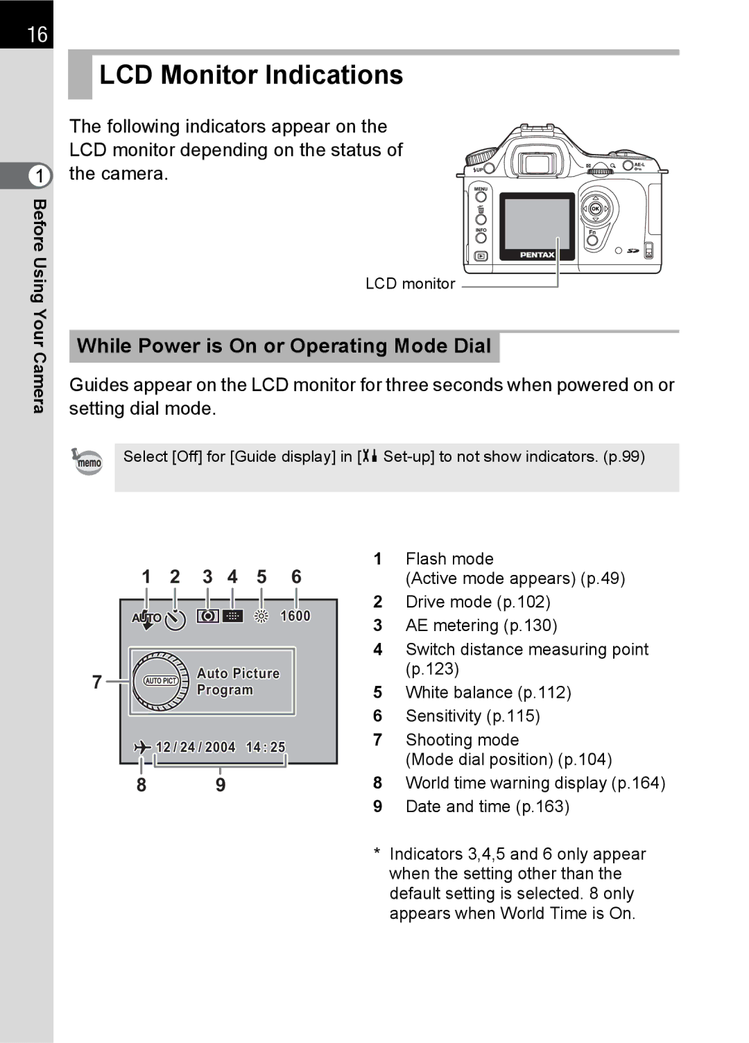 Pentax SLR specifications LCD Monitor Indications, While Power is On or Operating Mode Dial 