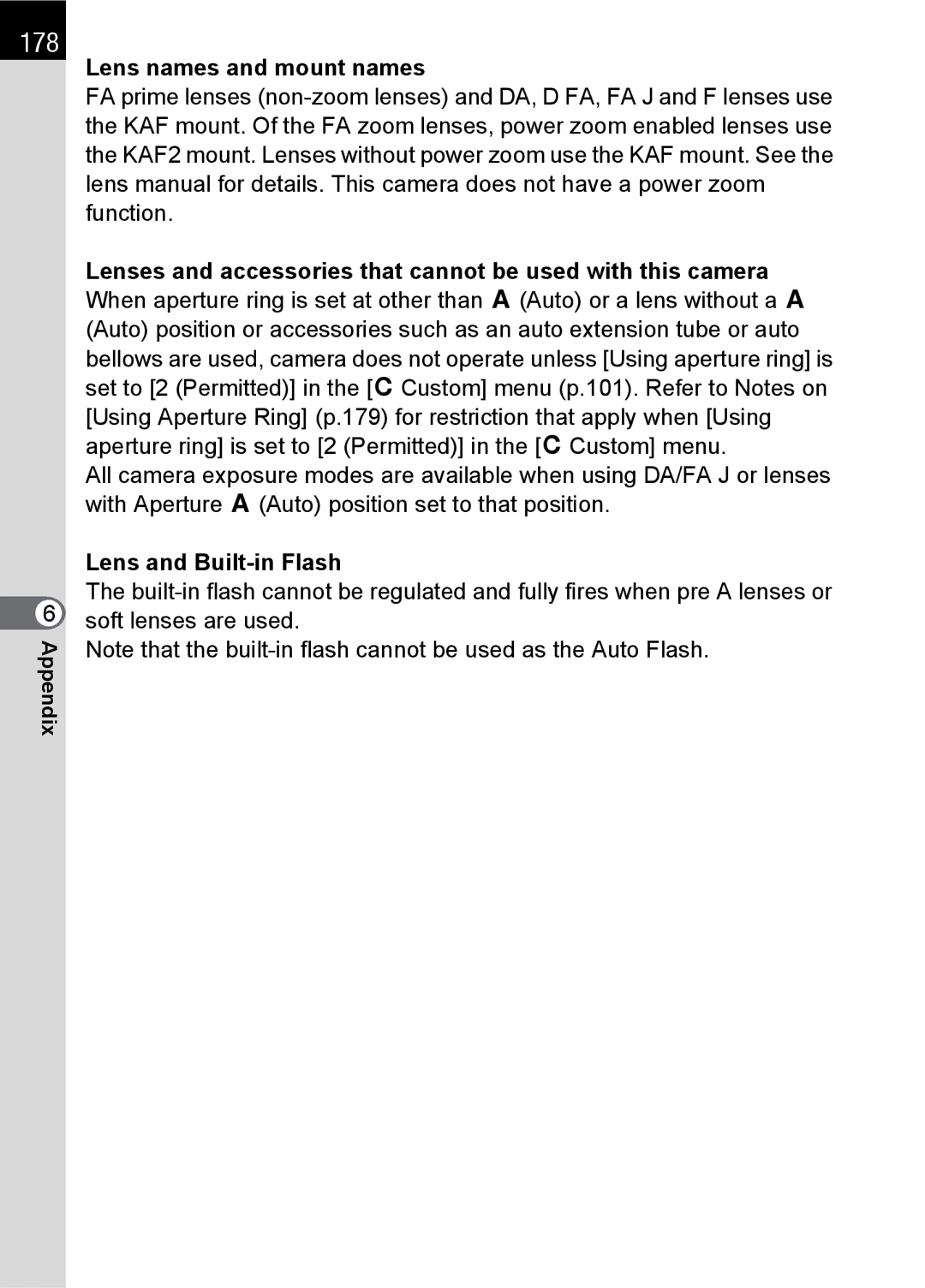 Pentax SLR specifications 178, Lens names and mount names, Lens and Built-in Flash 