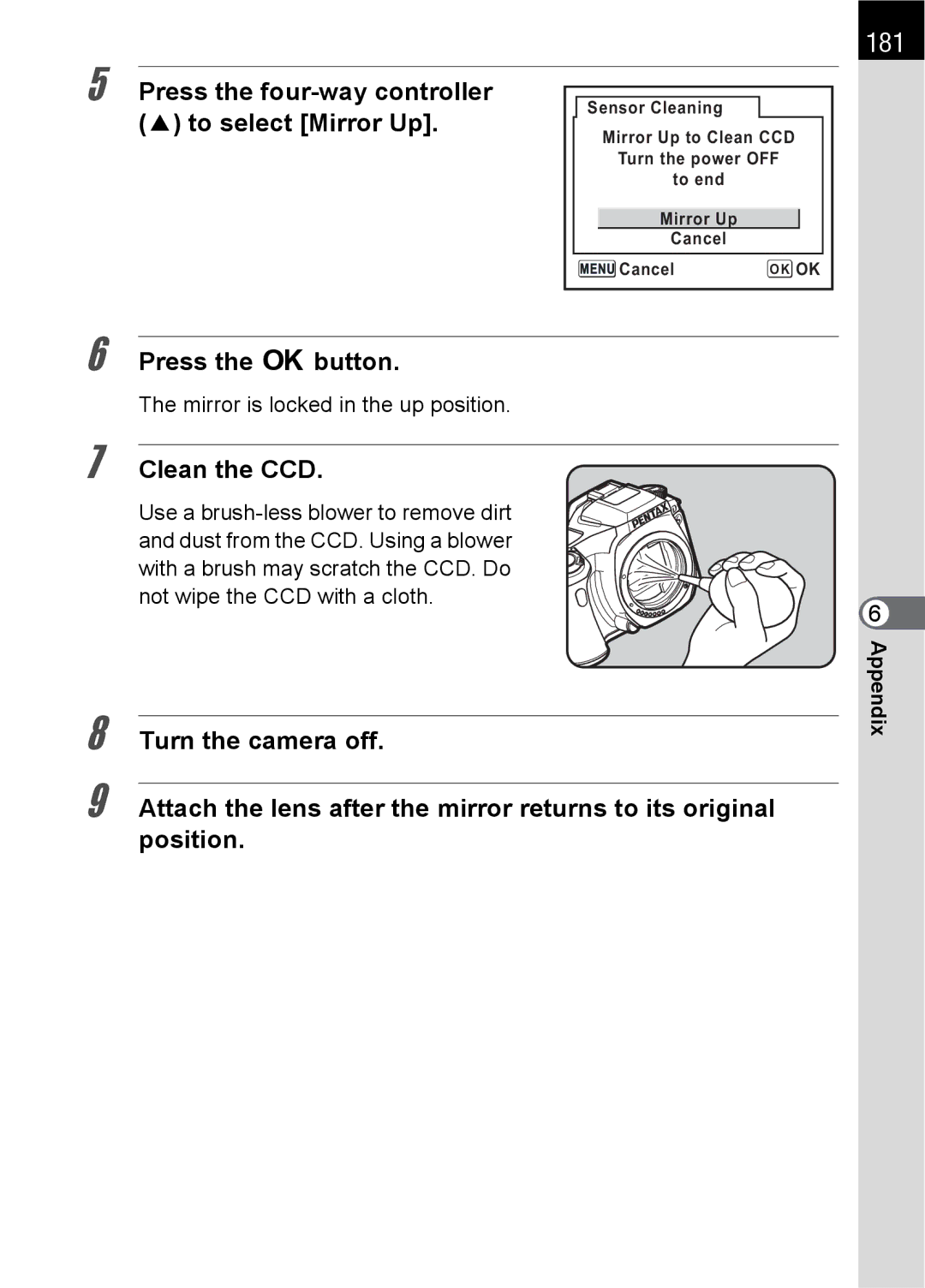 Pentax SLR specifications 181, Press the four-way controller 2 to select Mirror Up 