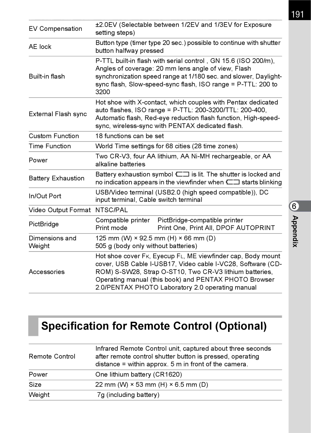 Pentax SLR specifications Specification for Remote Control Optional, 191 