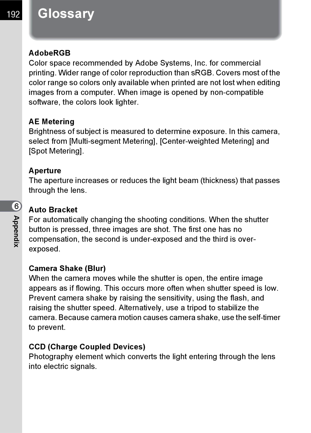 Pentax SLR specifications Glossary 