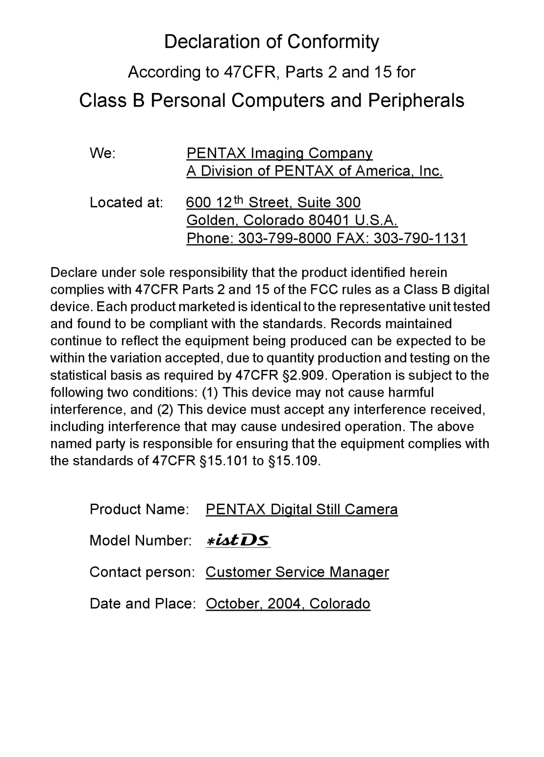 Pentax SLR specifications Declaration of Conformity 