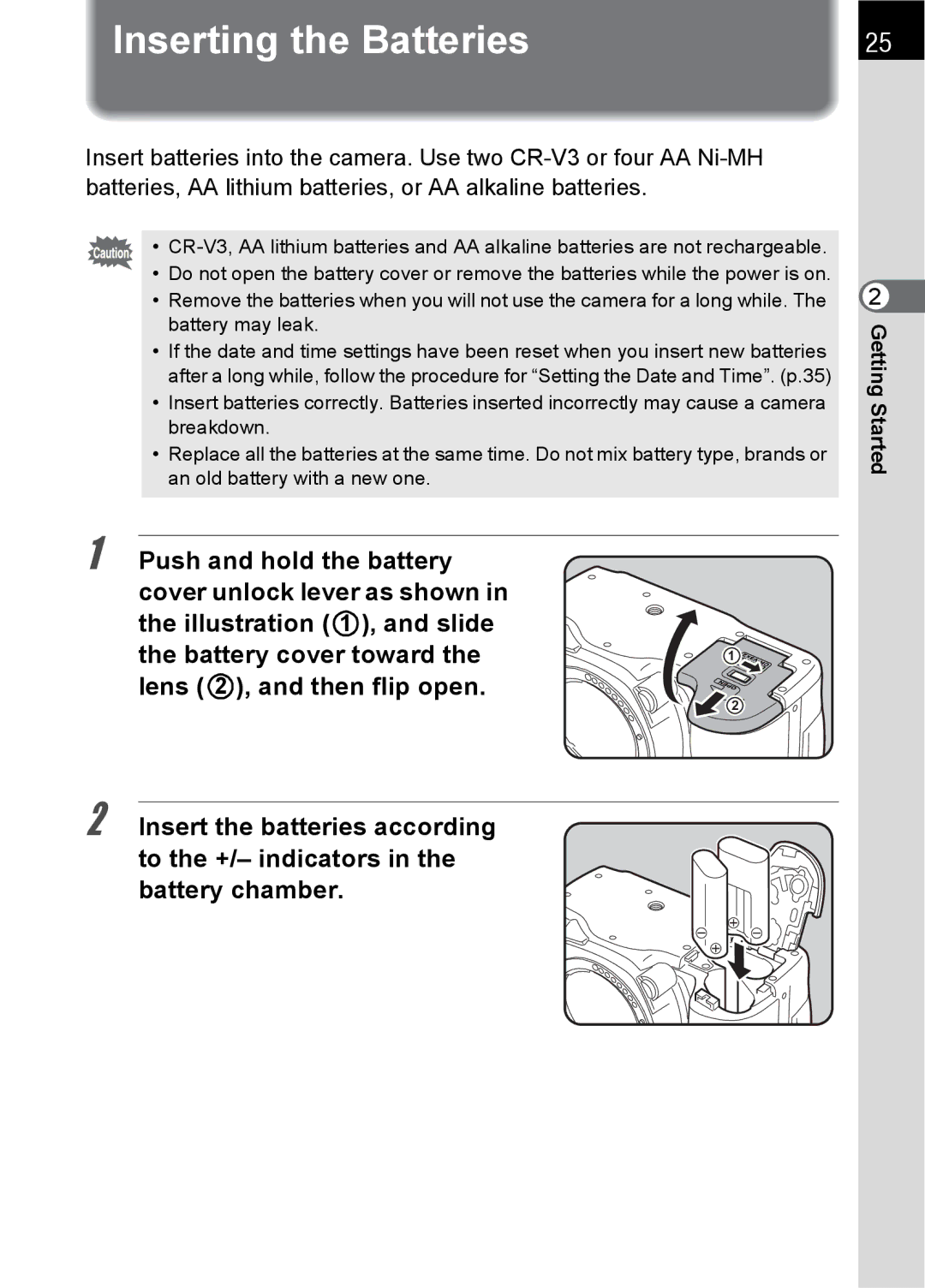 Pentax SLR specifications Inserting the Batteries 