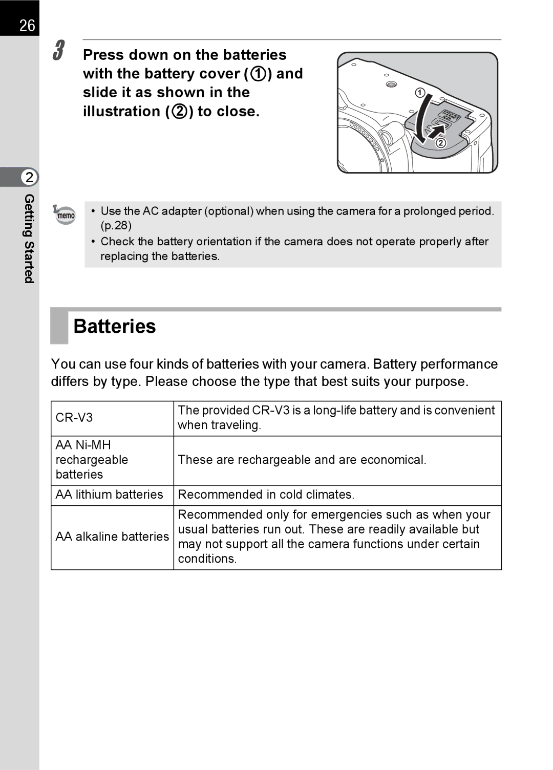 Pentax SLR specifications Batteries 