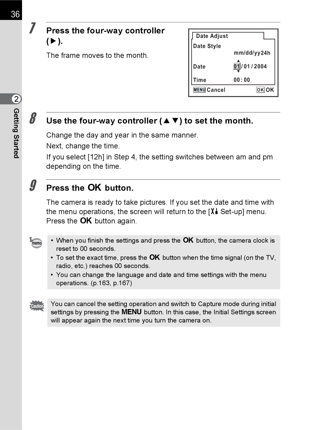 Pentax SLR specifications Use the four-way controller 23 to set the month, Frame moves to the month 