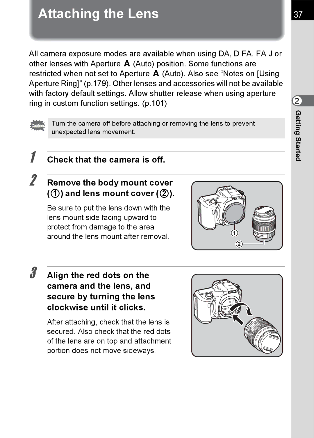 Pentax SLR specifications Attaching the Lens 