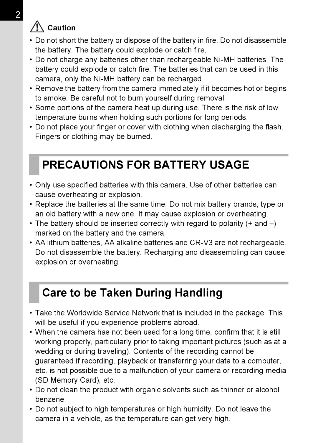 Pentax SLR specifications Precautions for Battery Usage, Care to be Taken During Handling 