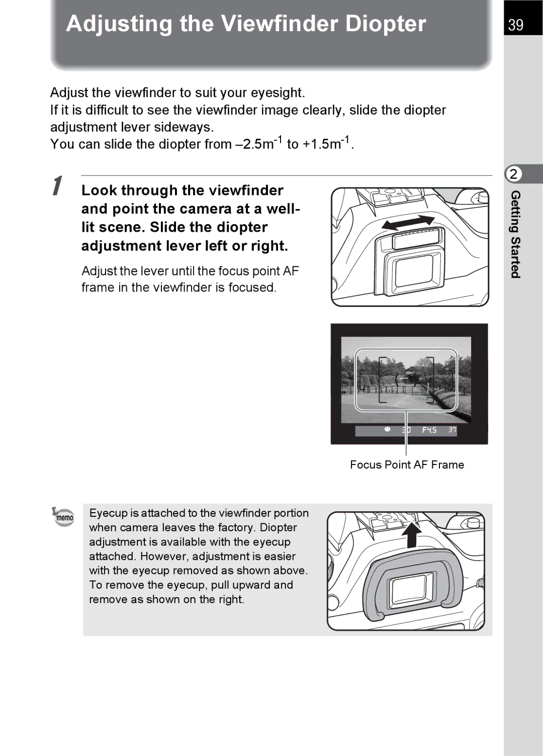 Pentax SLR specifications Adjusting the Viewfinder Diopter 