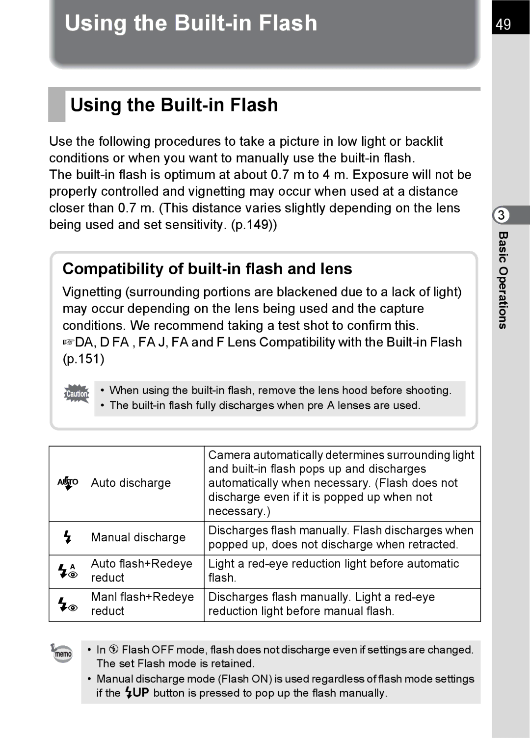 Pentax SLR specifications Using the Built-in Flash 