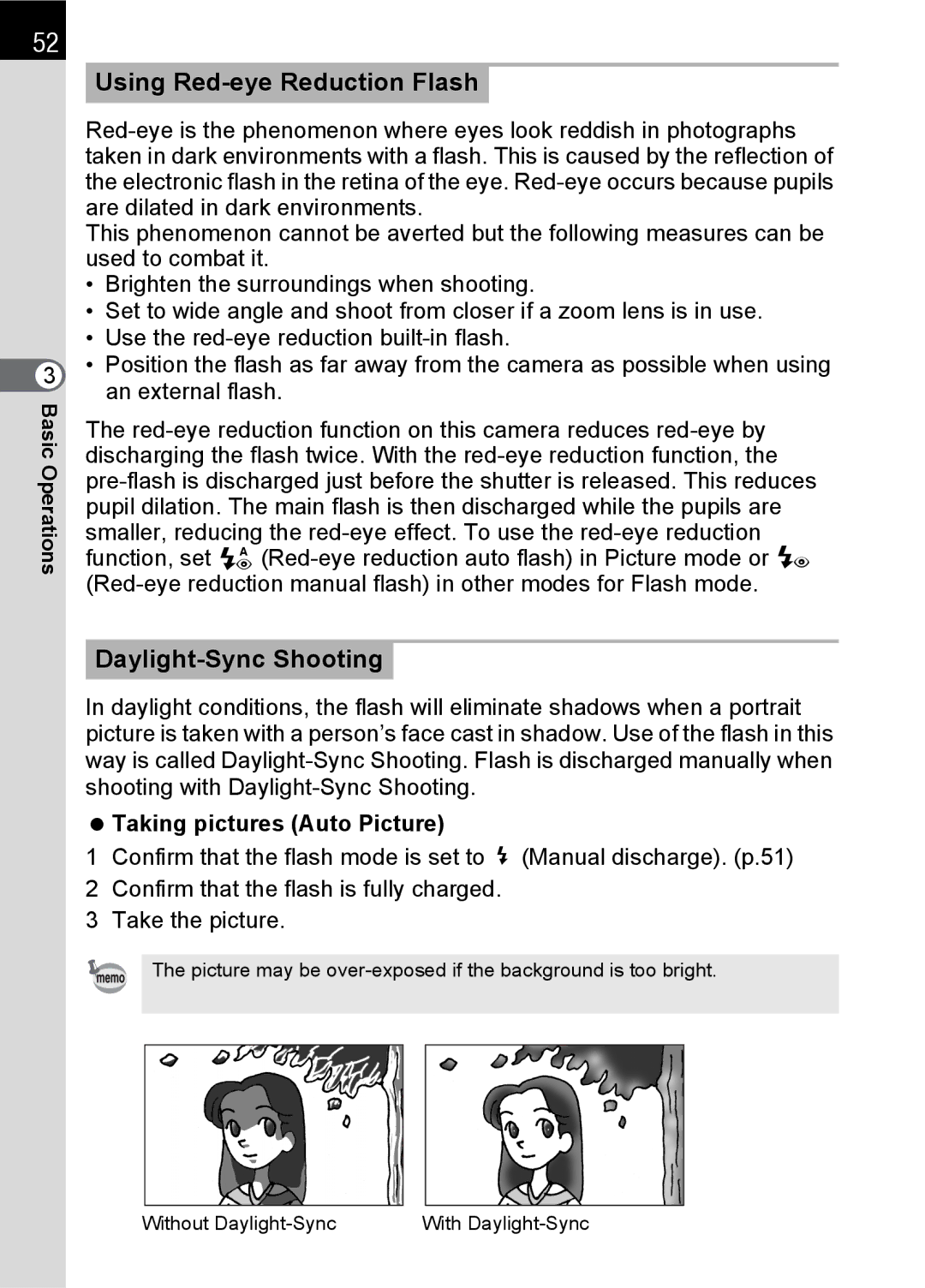 Pentax SLR specifications Using Red-eye Reduction Flash, Daylight-Sync Shooting, Taking pictures Auto Picture 