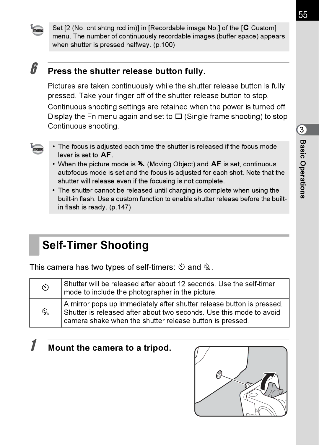 Pentax SLR Self-Timer Shooting, Mount the camera to a tripod, This camera has two types of self-timers g and r 