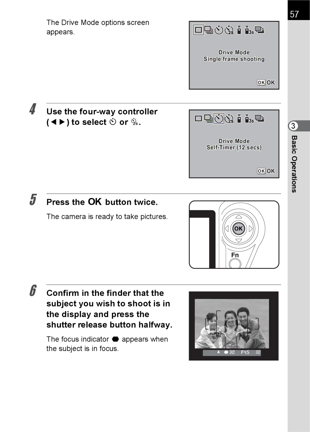 Pentax SLR Use the four-way controller 45 to select g or r, Focus indicator appears when the subject is in focus 