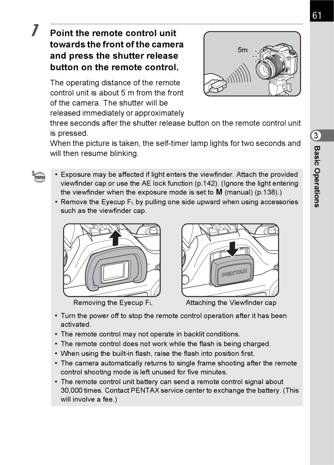 Pentax SLR specifications Operating distance of the remote 