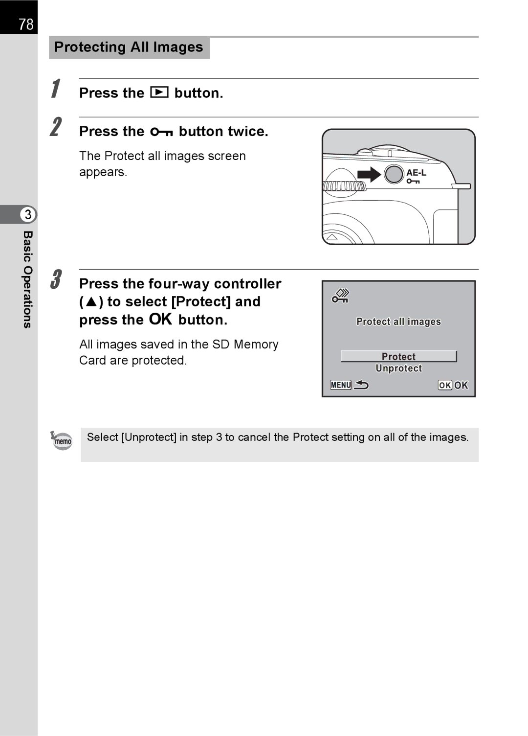 Pentax SLR specifications Protect all images screen appears, All images saved in the SD Memory Card are protected 