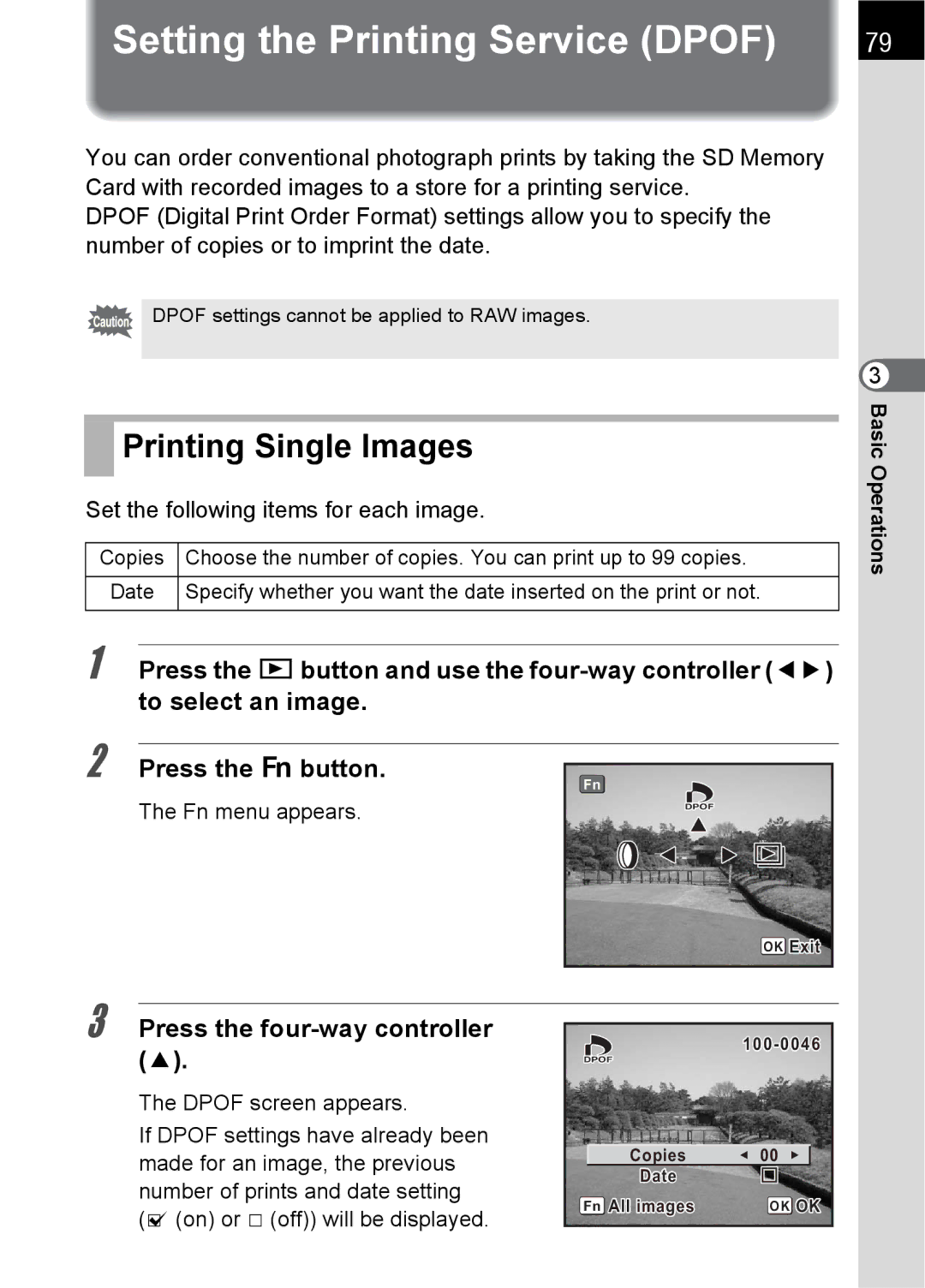 Pentax SLR specifications Setting the Printing Service Dpof, Printing Single Images, Set the following items for each image 