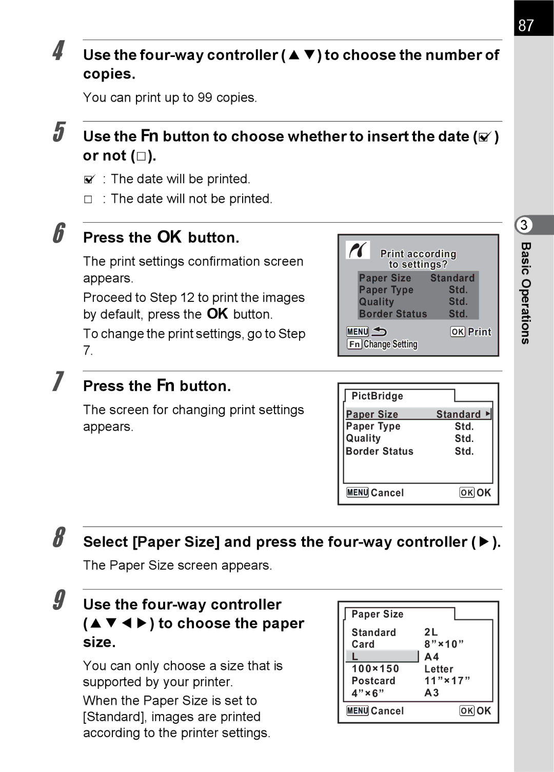 Pentax SLR Select Paper Size and press the four-way controller, You can print up to 99 copies, Paper Size screen appears 