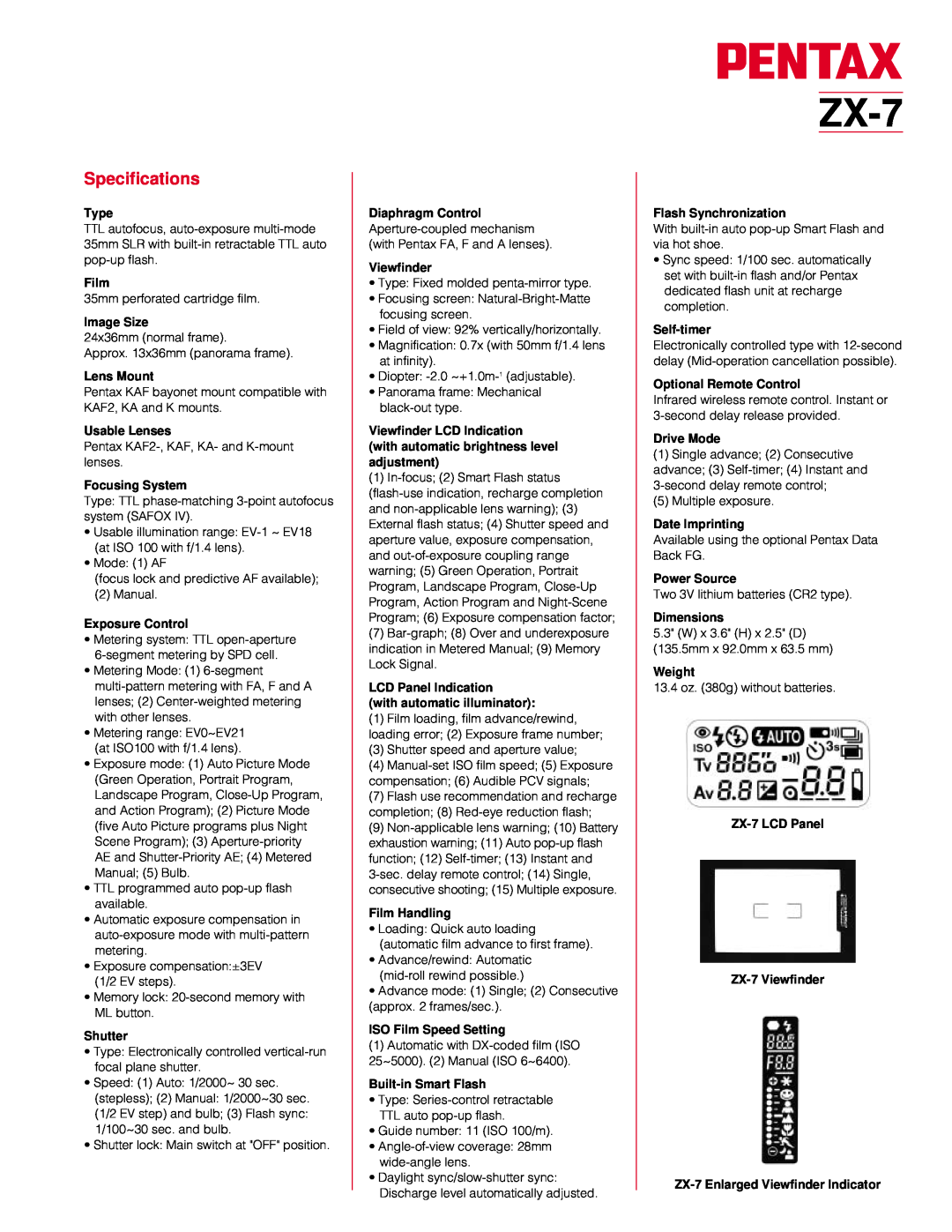 Pentax SMART ZX-7 manual Specifications 