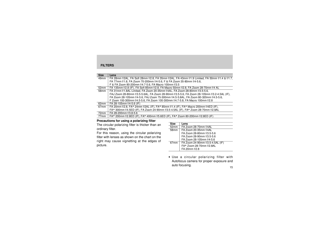 Pentax SMC -FA manual Precautions for using a polarizing filter, Size Lens 